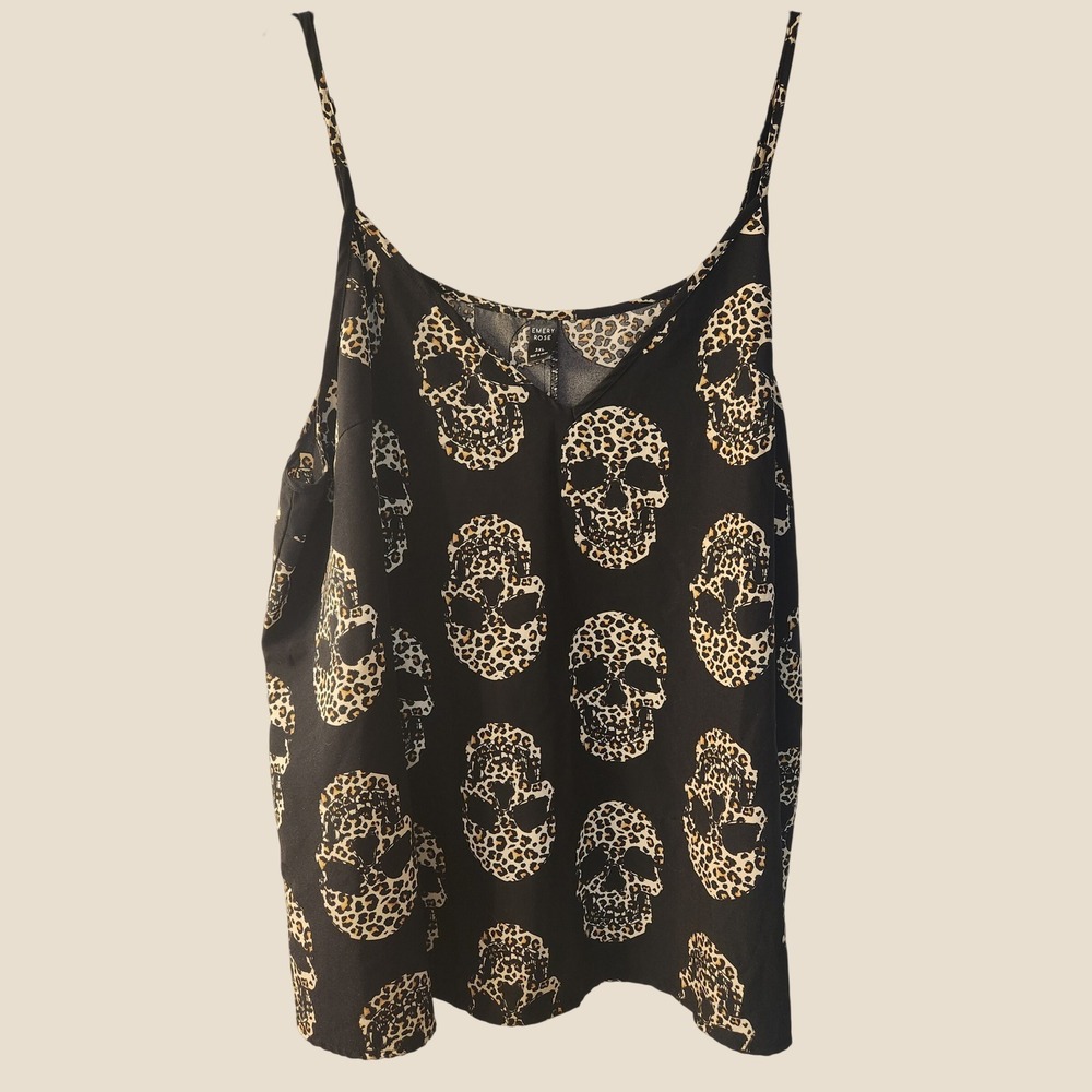 Emery Rose Women 3XL Black Leopard Skull Print Cami V-Neck Tank Goth Coquette